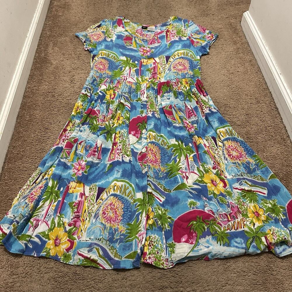 Bila Dress Vintage Resort Midi Short Sleeve Fit And Flare Size Large Colorful